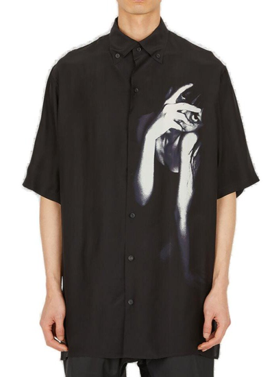 Shop Yohji Yamamoto Graphic Printed Short Sleeve Shirt In Black