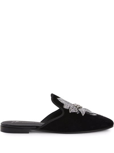 Shop Giuseppe Zanotti Elsa Velvet Floral-detail Loafers In Black