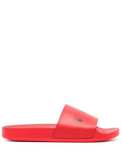 Shop Off-white Logo-print Open-toe Slides In Red