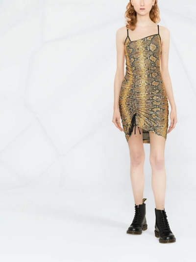 Shop Gcds Snakeskin Print Gathered Mini Dress In Gelb