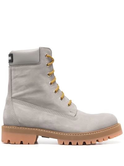 Shop Vetements Trucker Logo-patch Lace-up Ankle Boots In Grau