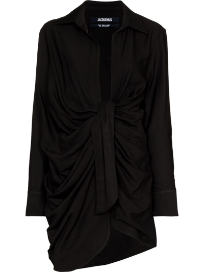 Shop Jacquemus Bahia Knotted Draped Mini Shirt Dress In Black