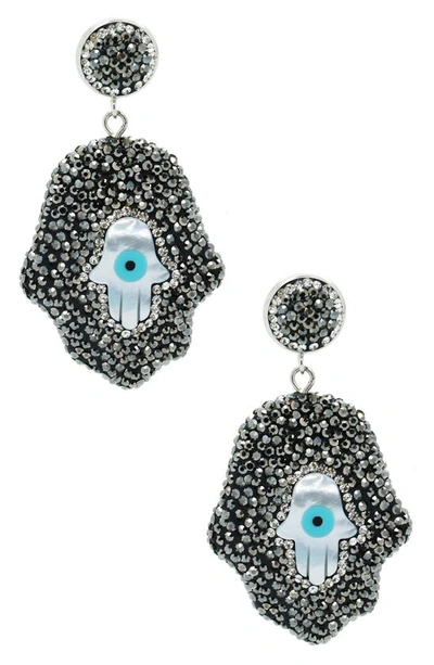 Shop Eye Candy Los Angeles Hamsa Hematite Drop Earrings In Silver
