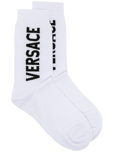 Shop Versace Logo-lettering Ankle Socks In White