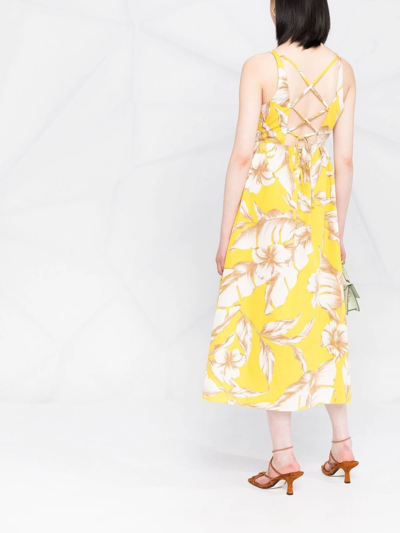 Shop Twinset Hibiscus-print Cotton Midi Dress In 07074 St.hibiscus Giallo/neve