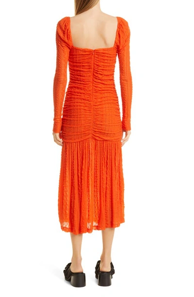 Shop Ganni Ruched Long Sleeve Stretch Lace Midi Dress In Orangedotcom
