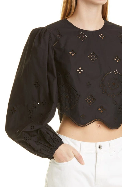 Shop Ganni Broderie Anglaise Cropped Fitted Blouse In Black