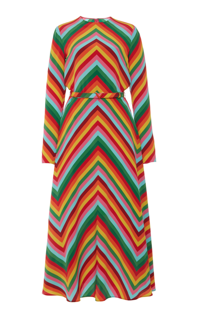 Shop Valentino Women's Chevron-print Long-sleeved Silk Midi Dress In Multi