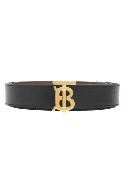 Shop Burberry Tb 30 Reversible Leather Belt In Black / Tan / Gold