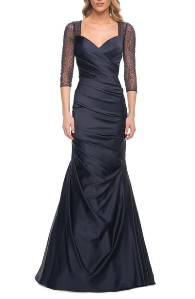 Shop La Femme Satin Pleat Mermaid Gown In Navy