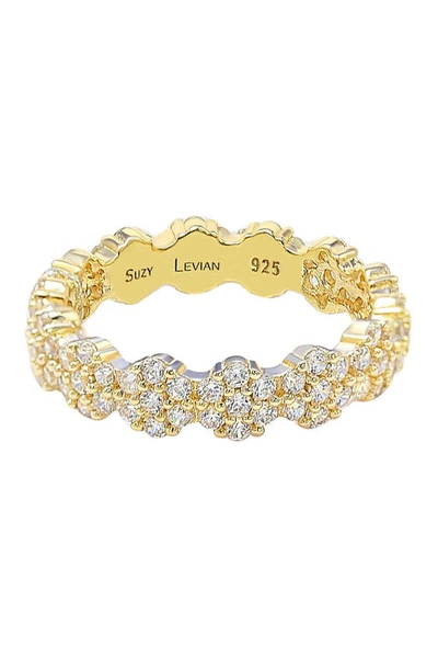Suzy Levian Gold Plated Sterling Silver White Cz Flower Pave Eternity Band In Yellow