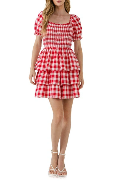 Shop English Factory Gingham Smocked Minidress In Red