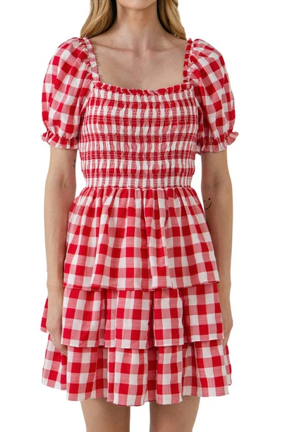 Shop English Factory Gingham Smocked Minidress In Red