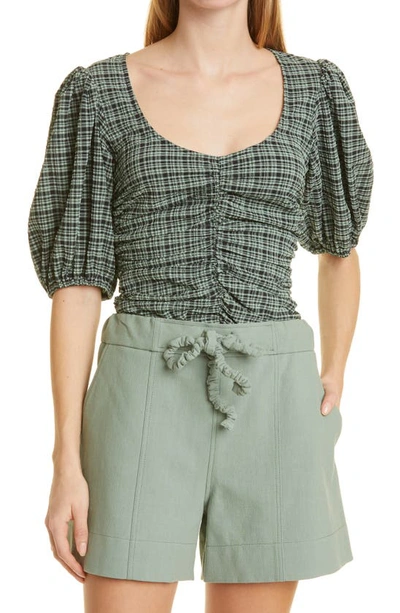 Shop Ganni Check Ruched Stretch Seersucker Blouse In Mini Check Green Bay