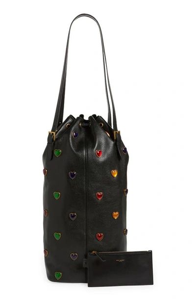 Shop Saint Laurent Large Rivage Heart Studs Leather Bucket Bag In Nero/ Multicolor