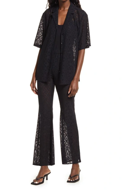 Open Edit Lace Semisheer Wide Leg Pants In Black