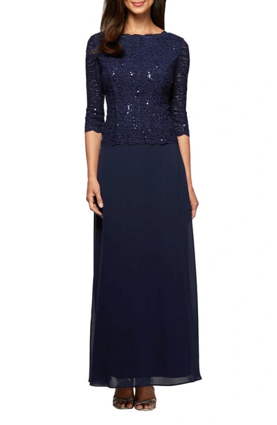 Shop Alex Evenings Sequin Lace & Chiffon Gown In Navy