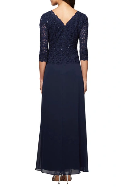 Shop Alex Evenings Sequin Lace & Chiffon Gown In Navy