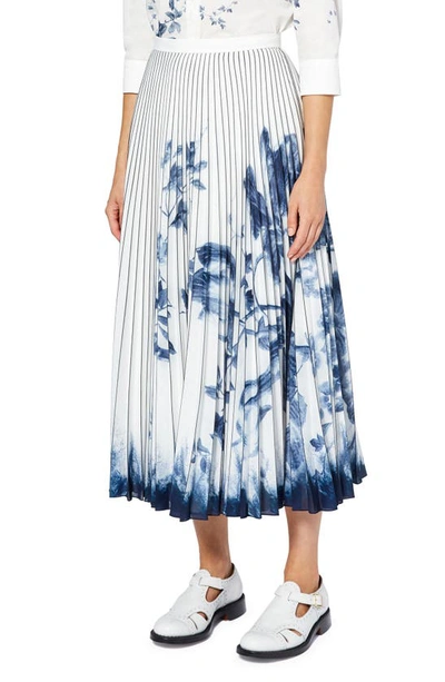 Shop Erdem Nesrine Floral Print Pleated Skirt In White/ Blue