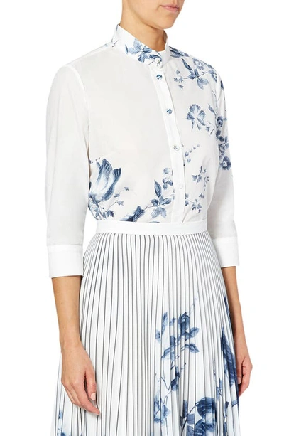 Shop Erdem Nesrine Floral Print Pleated Skirt In White/ Blue