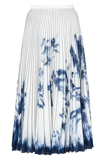 Shop Erdem Nesrine Floral Print Pleated Skirt In White/ Blue