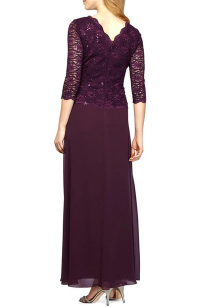 Alex Evenings Plus Sequined Scalloped Edge Lace Top Gown In Deep Plum