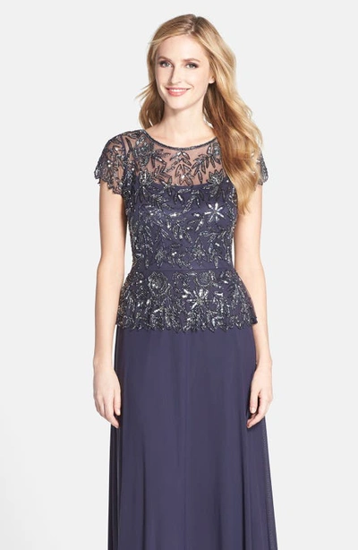 Pisarro Nights Beaded Mesh Mock Two-piece Gown In Slate