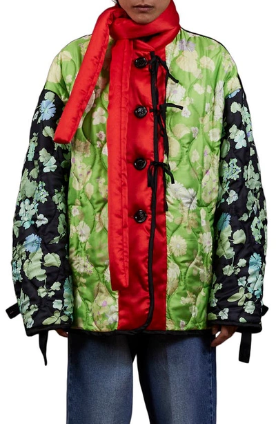 Shop Meryll Rogge Colorblock Floral Quilted Silk Jacket In Apple Green