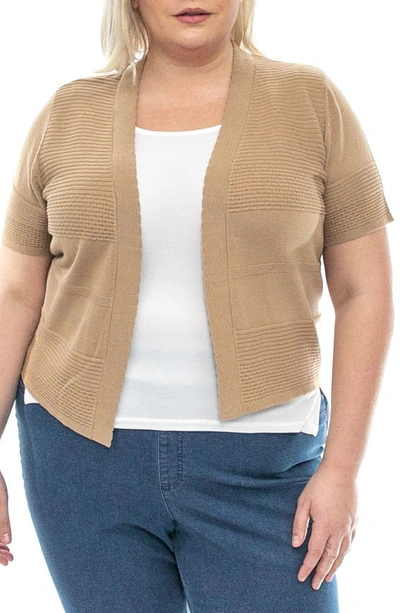 Shop Nina Leonard Short Sleeve Novelty Stitch Bolero Cardigan In Tan