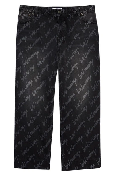 Shop Balenciaga Logo High Waist Crop Straight Leg Jeans In Stonewash Black