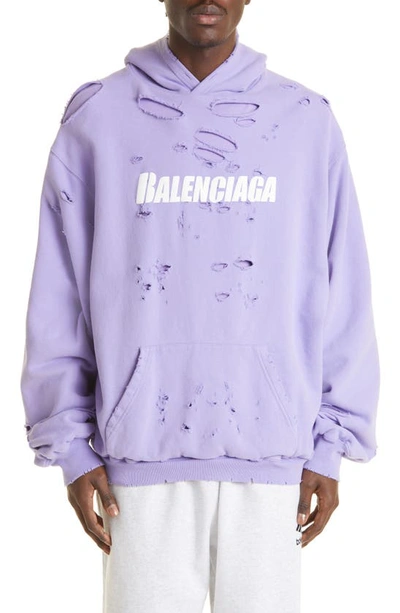 Shop Balenciaga Logo Destroyed Hoodie In Purple