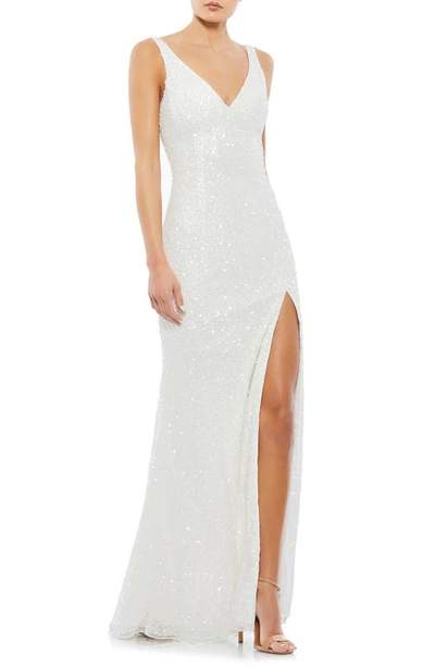 Shop Mac Duggal Sequin Slit Gown In Ivory