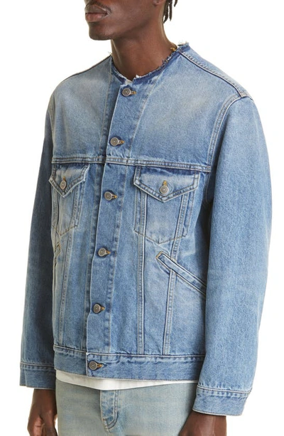 Shop Maison Margiela Collarless Denim Jacket In Vintage Light Blue