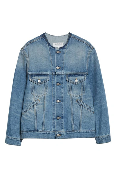 Shop Maison Margiela Collarless Denim Jacket In Vintage Light Blue