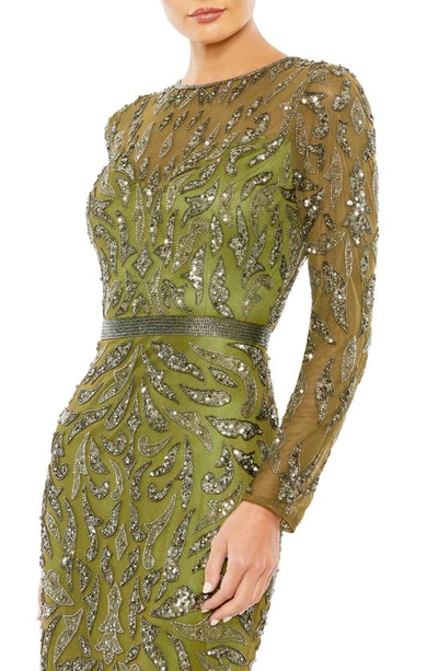 Shop Mac Duggal Beaded Long Sleeve Gown In Olive
