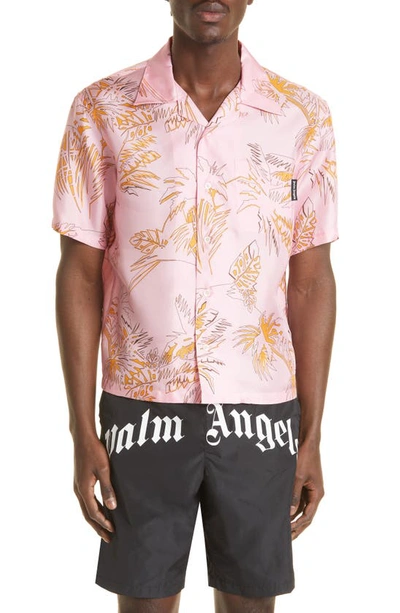 Shop Palm Angels Abstract Palm Print Silk Bowling Shirt In Pink/ Gold