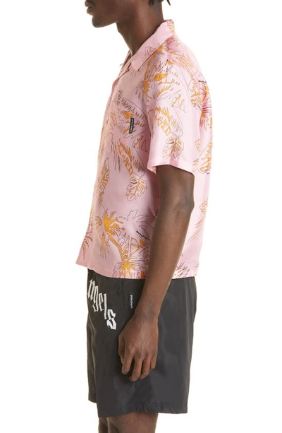Shop Palm Angels Abstract Palm Print Silk Bowling Shirt In Pink/ Gold