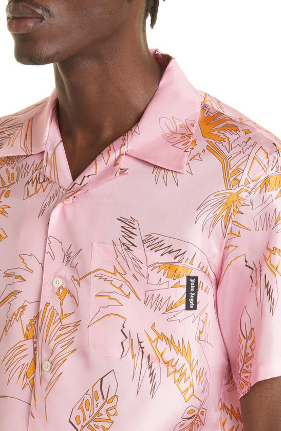 Palm Angels Silk Abstract Palms Bowling Shirt Pink/Gold