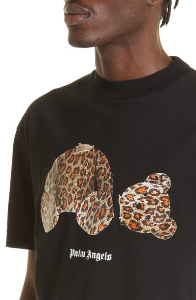Shop Palm Angels Leopard Bear Cotton Logo Tee In Black/ Brown