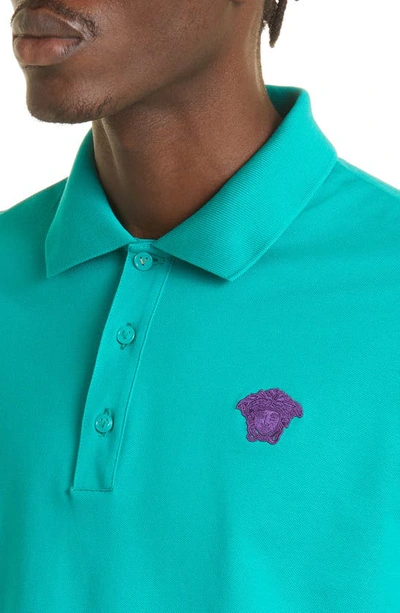 Shop Versace Medusa Appliqué Cotton Polo Shirt In Turquoise