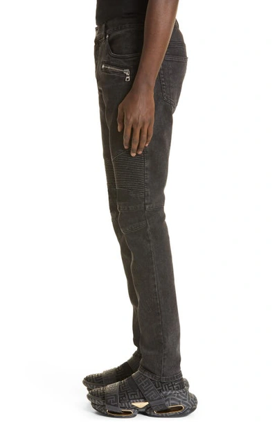 Shop Balmain Slim Moto Jeans In Noir Delave