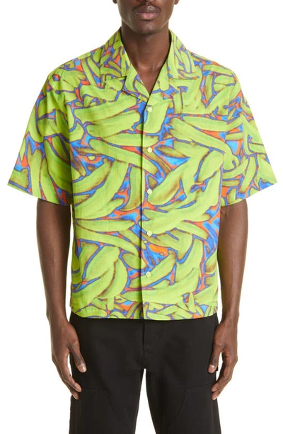 Shop Bottega Veneta Short Sleeve Nylon Button-up Camp Shirt In Green/ Blue/ Coral