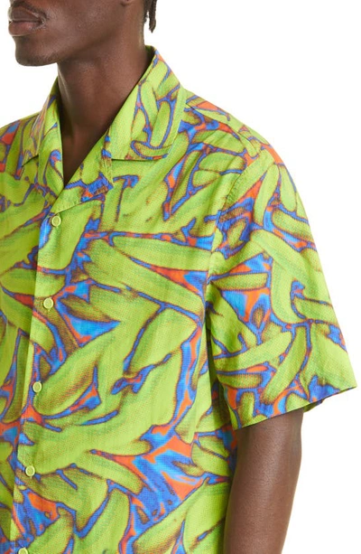 Shop Bottega Veneta Short Sleeve Nylon Button-up Camp Shirt In Green/ Blue/ Coral