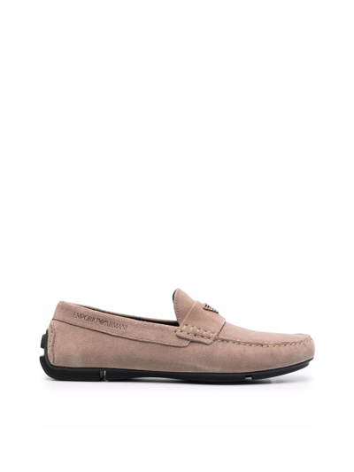 Emporio Armani Suede Driving Loafers With Logo In Dove Grey | ModeSens