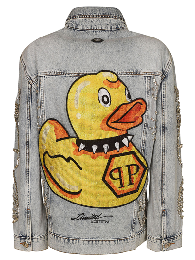 Philipp Plein Oversized Denim Duck Jacket In Frost Blue