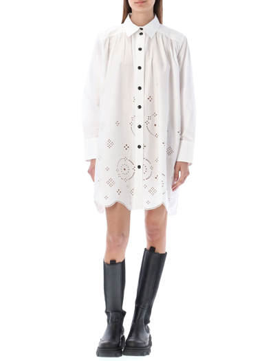 Shop Ganni Broderie Anglaise Wide Mini Shirt Dress In Bright White