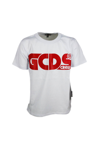 Shop Gcds Short-sleeved Round-neck Cotton T-shirt With Logo Print In White
