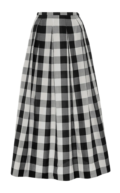 Rochas Gingham-check Pleated Midi Skirt In White And Black Gingham-check
