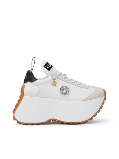 Shop Versace Calf Sneakers In V White Black Gold