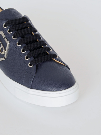 Shop Philipp Plein Leather Lo-top Sneakers Hexagon Sneaker In Navy